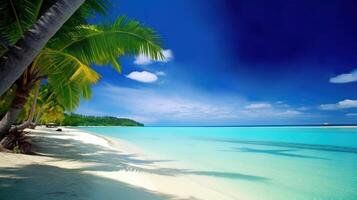 exotique tropical plage avec paume des arbres près le mer ou océan pour relaxation. ai généré. photo