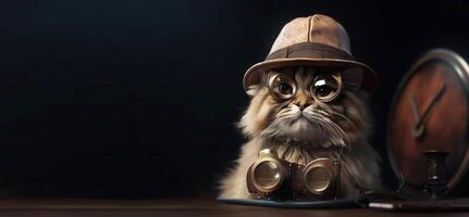 chat gentilhomme dans une costume, cravate, chapeau et des lunettes une noir Contexte . ai généré. entête bannière maquette avec espace. photo