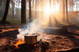 une tente dans le forêt dans le été par une Feu avec une pot de lequel vapeur vient de aliments. ai généré. photo