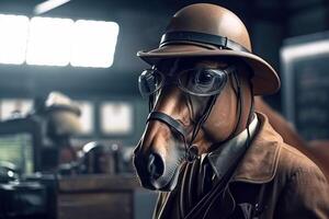 baie magnifique cheval dans une chapeau, costume et cravate, gentilhomme et chef. ai généré. photo