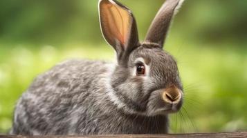 portrait de une mignonne duveteux gris lapin avec oreilles sur une Naturel vert arrière-plan, générer ai photo