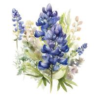 bouquet de bonnets bleus aquarelle avec Vide blanc arrière-plan, générer ai photo