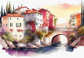 une brillant Conte de fée aquarelle de Maisons le long de le rivière avec une pont français côte d'azur, générer ai photo