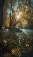 gros poisson nager au dessous de le surface avec des arbres et lumière du soleil, dans le style de d'un autre monde paysages, générer ai photo