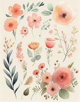 aquarelle mignonne fleurs, rose et pêche teintes, générer ai photo