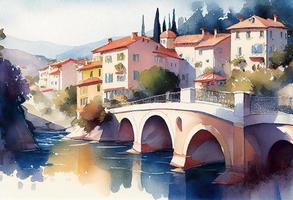 une brillant Conte de fée aquarelle de Maisons le long de le rivière avec une pont français côte d'azur, générer ai photo