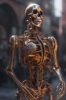 Conte de fée steampunk robotique squelette émerge de le liquide cuivre. embué cœur et poumons à l'intérieur le sien poitrine. en marchant par le steampunk ville, produire ai photo