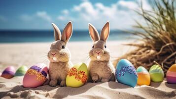 Pâques lapins et coloré Pâques des œufs sur une le sable plage Pâques vacances génératif ai photo