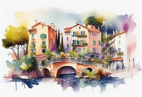 une brillant Conte de fée aquarelle de Maisons le long de le rivière avec une pont français côte d'azur, générer ai photo