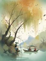 large voir, enfants livre illustration, paysage dans Guilin, Chine, saule des arbres, profusion de fleurs, petit pêche bateau, pêcheur dans une seau chapeau, coloré, générer ai photo