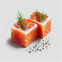 Saumon tranches isolé sur blanc Contexte avec coupure chemin, cubes de rouge poisson avec Romarin et poivres, ingrédient pour Sushi ou salade, produire ai photo