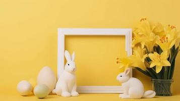 gratuit photo un vide blanc frontière Cadre décoré avec lis fleurs, lapin figurine et Pâques des œufs sur Jaune arrière-plan, générer ai