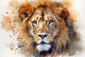 ai génératif aquarelle portrait de une Lion dans de face de une aquarelle Contexte photo