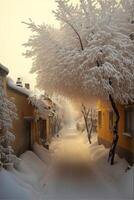 neigeux rue doublé avec neige couvert des arbres. génératif ai. photo