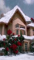 maison couvert dans neige avec des roses sur le toit. génératif ai. photo