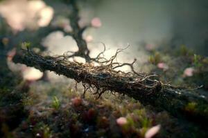 proche en haut de une mousse couvert arbre branche. génératif ai. photo