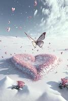 papillon en volant plus de une rose cœur dans le neige. génératif ai. photo