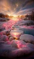 courant de l'eau entouré par neige couvert rochers. génératif ai. photo