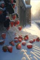 La peinture de une bouquet de des fraises dans le neige. génératif ai. photo
