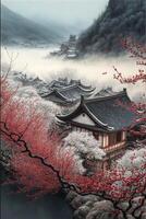 La peinture de une Japonais paysage avec montagnes dans le Contexte. génératif ai. photo