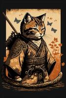 chat portant une samouraï tenue et en portant une épée. génératif ai. photo