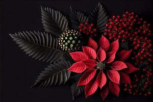 rouge poinsettia entouré par vert feuilles et baies. génératif ai. photo