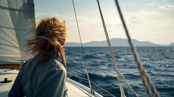 une fille sur une yacht jouit le mer sa cheveux est gonflé par le vent retour voir, Voyage océan voyage génératif ai photo