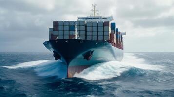 cargaison navire avec conteneurs dans océan, international mer livraison génératif ai photo
