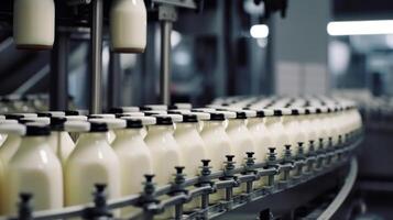 Lait production, une bouteilles avec une laitier produit sur une convoyeur génératif ai photo