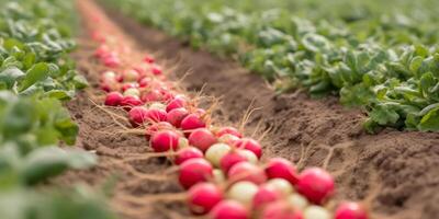 récolte rouge des radis dans champ génératif ai photo