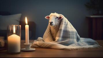 bébé chèvre couvert avec serviette dans une bougie allumé pièce ai généré photo