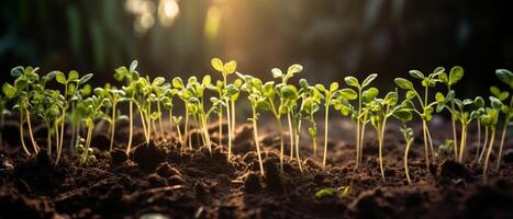 les plantes ensemencement dans le champ grandit en dessous de le lumière du soleil photo