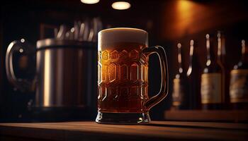 verre agresser de Bière avec mousse dans une bar, pub, Brasserie. lager boire, pinte, de l'alcool fermer. génératif ai photo