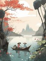 large voir, enfants livre illustration, paysage dans Guilin, Chine, saule des arbres, profusion de fleurs, petit pêche bateau, pêcheur dans une seau chapeau, coloré, générer ai photo