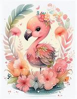 rameux aquarelle mignonne content chibi flamant avec fleuri Conte de fée arrière-plan, doux pastel couleurs, générer ai photo