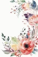 aquarelle frontière fabriqué de fleurs avec copie espace sur blanc arrière-plan, établi avec génératif ai photo