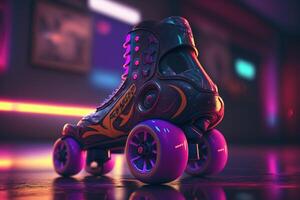 génératif ai, rouleau patin dans cyberpunk style, disco nostalgique années 80, années 90. néon nuit lumières vibrant couleurs, photoréaliste horizontal illustration de le futuriste ville. sport activité concept. photo