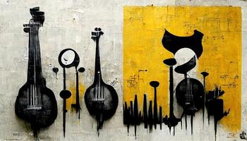 génératif ai, abstrait rue art avec clés et musical instruments silhouettes. encre coloré graffiti art sur une texturé papier ancien arrière-plan, inspiré par banky photo