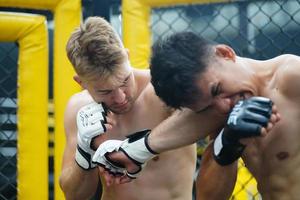 mixte martial art, une puissant coude cette les coups le de l'adversaire visage ou diriger. provoquant le adversaire à avoir cassé blessures, saignement, mai perdre car de une blessure cette est fatal photo