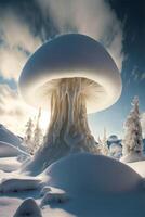 champignon comme objet séance sur Haut de une neige couvert sol. génératif ai. photo