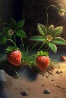 groupe de des fraises séance sur Haut de une sablonneux sol. génératif ai. photo