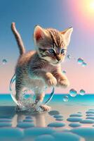 chaton est en jouant avec bulles dans le l'eau. génératif ai. photo