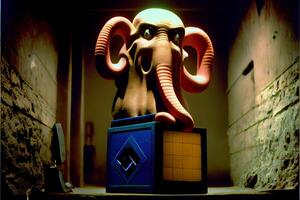 statue de un l'éléphant séance sur Haut de une boîte. génératif ai. photo