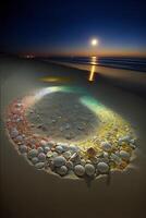 cercle de galets séance sur Haut de une sablonneux plage. génératif ai. photo