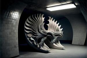 noir et blanc photo de une sculpture dans une tunnel. génératif ai.