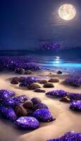 plage rempli avec beaucoup de violet rochers en dessous de une plein lune. génératif ai. photo
