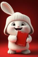 blanc lapin portant une blanc chapeau et en portant une rouge livre. génératif ai. photo