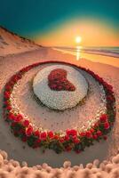 cœur fabriqué en dehors de fleurs sur une plage. génératif ai. photo