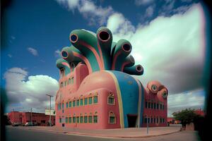 coloré bâtiment séance dans le milieu de une désert. génératif ai. photo