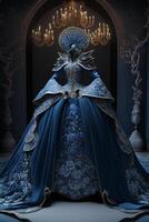 femme dans une bleu robe permanent dans de face de une lustre. génératif ai. photo
